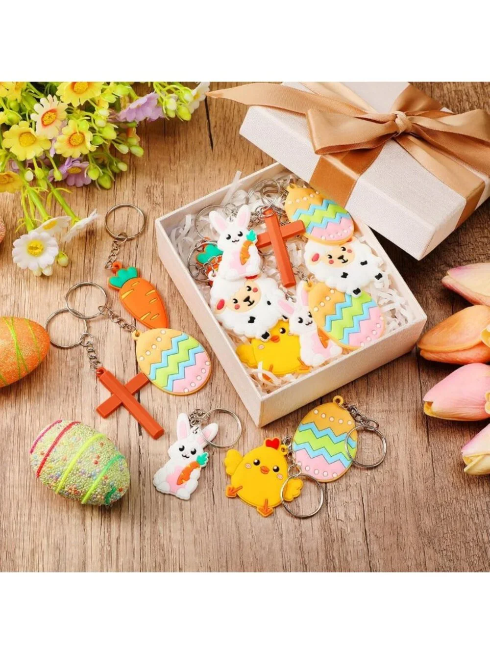 120 Pcs Easter Keychains - Bunny & Carrot Party Favors, Egg Hunt Decor, Key